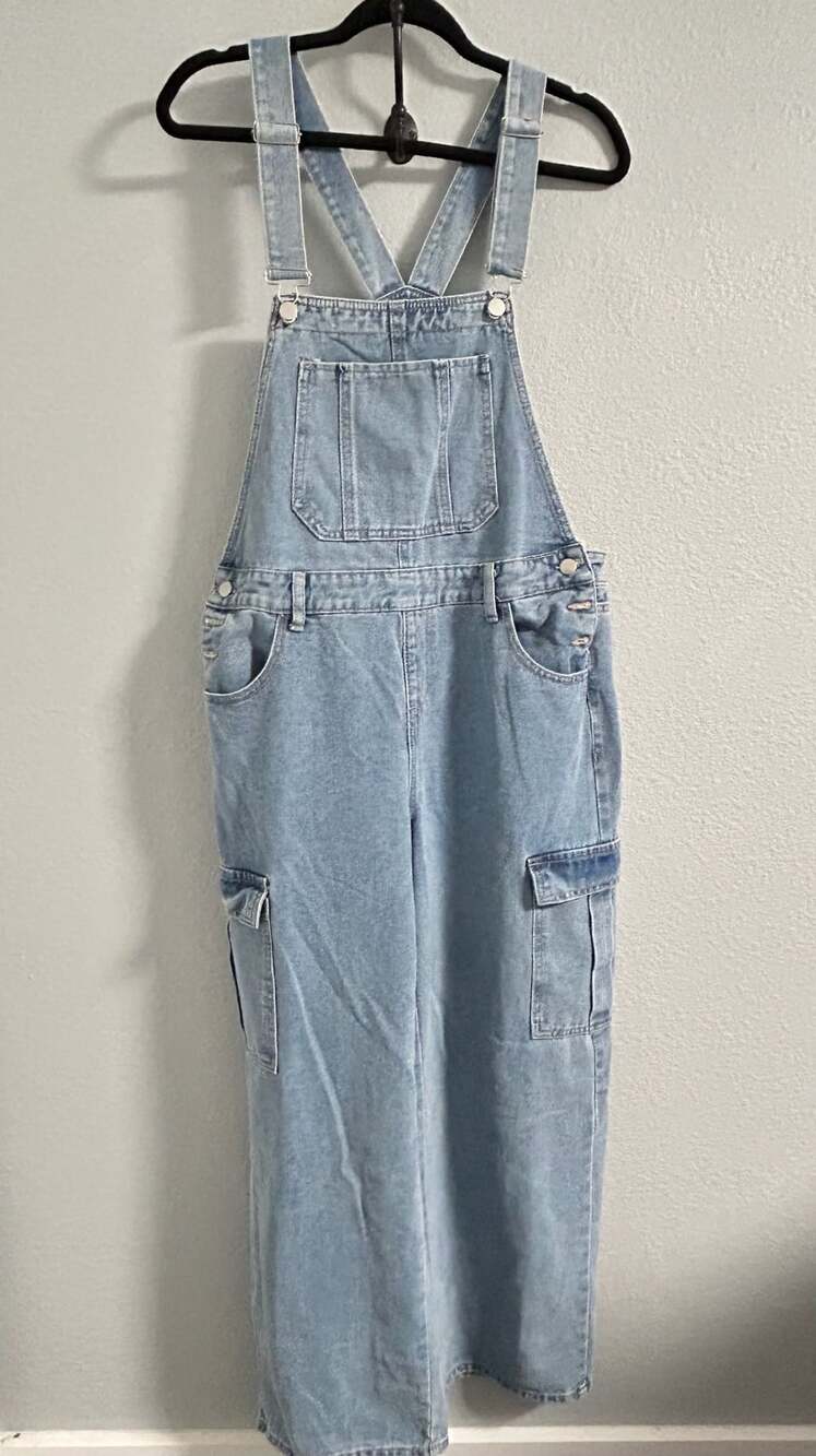 Flvsun Cargo Denim Overalls Size 12 Light Blue Wide Leg